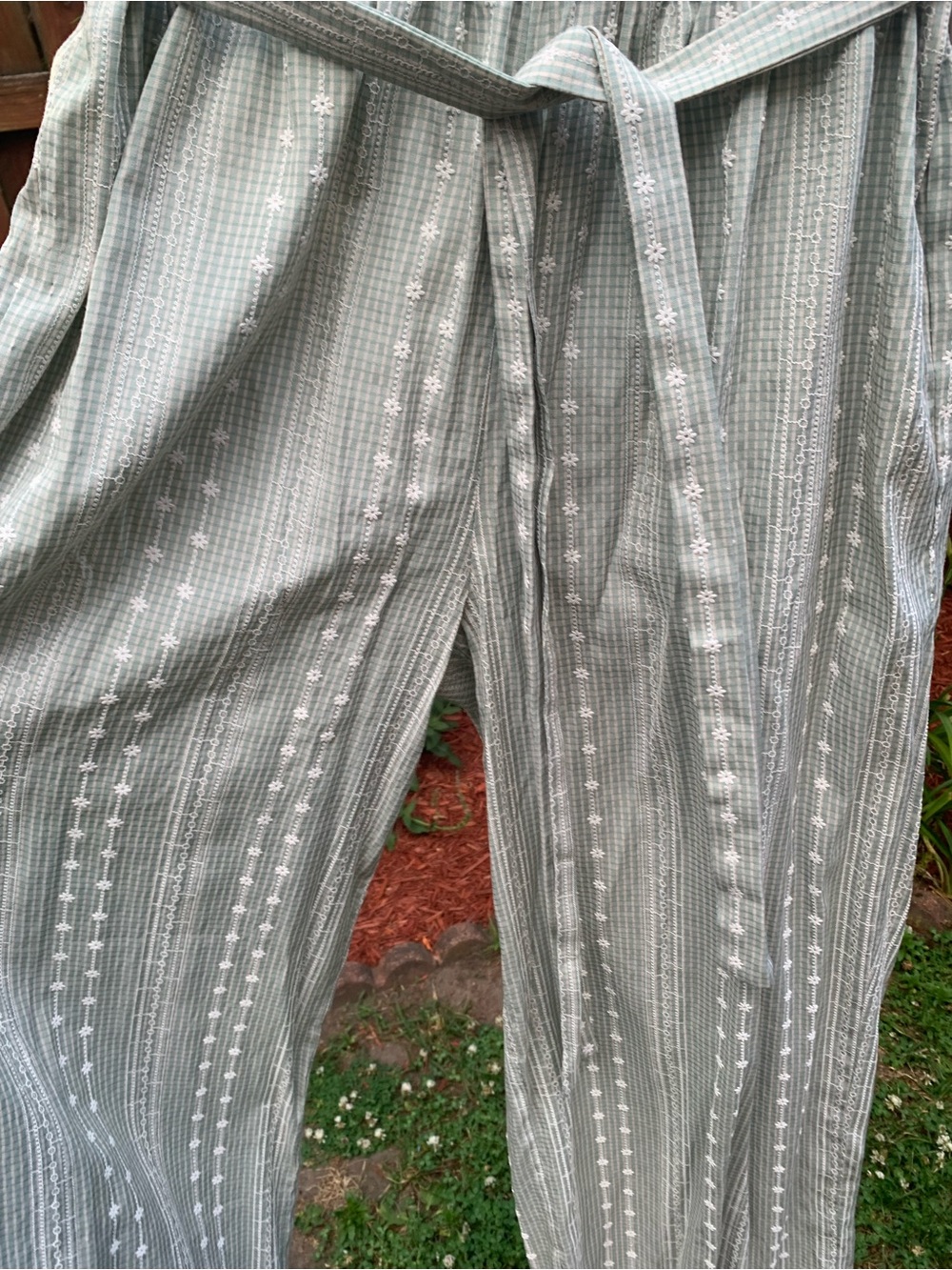 SHEIN Light Sage Green Wide Leg Embroidered Pants with Tie - Picture 5 of 8